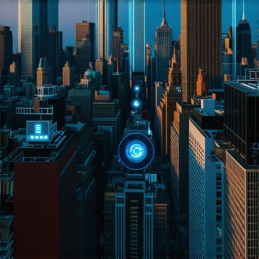 A digital rendering of Manhattan with augmented reality features and 5G connectivity symbols.