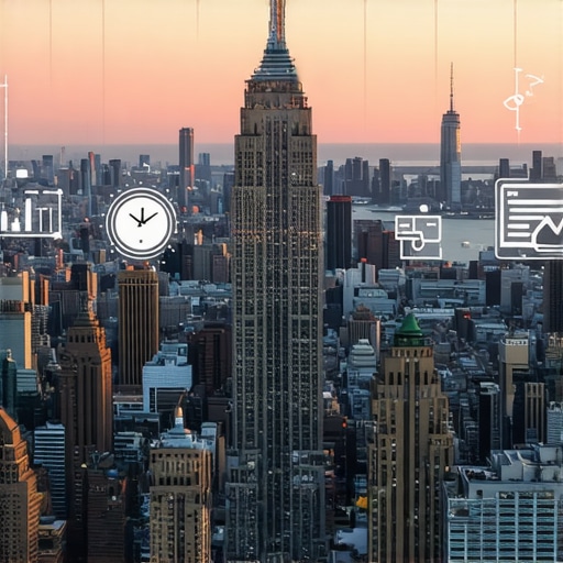 NYC skyline with digital marketing icons representing local SEO