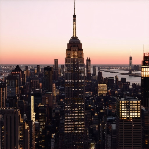 Cityscape of Manhattan with digital marketing icons overlay