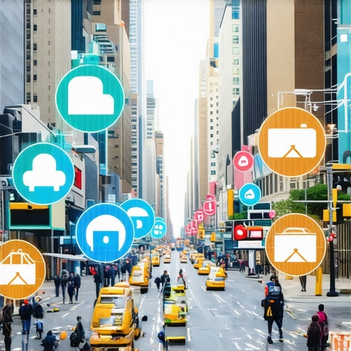 Vibrant Manhattan street with digital marketing icons overlay