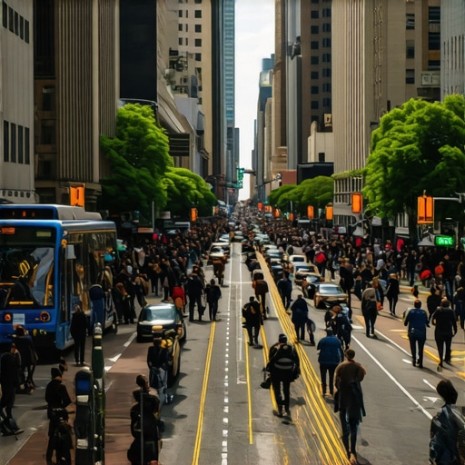 Busy Manhattan street scene with Google Maps interface overlay
