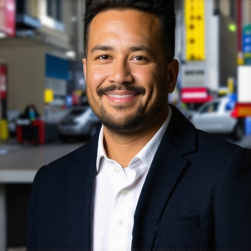 Small business owner optimizing Google My Business in NYC with city skyline in background.