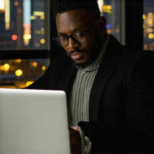 NYC business owner working on local SEO strategies with NYC skyline in background.