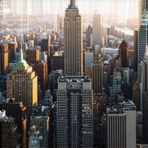 NYC skyline with digital map overlays and analytics icons