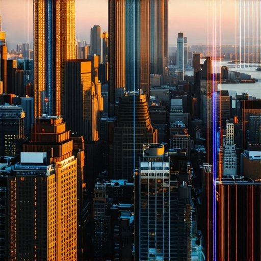NYC skyline with digital SEO icons and overlays