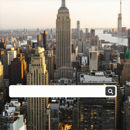 NYC Skyline with SEO Elements NYC skyline with digital SEO icons and search bar