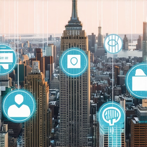 Futuristic NYC skyline with digital icons representing SEO and local search strategies.