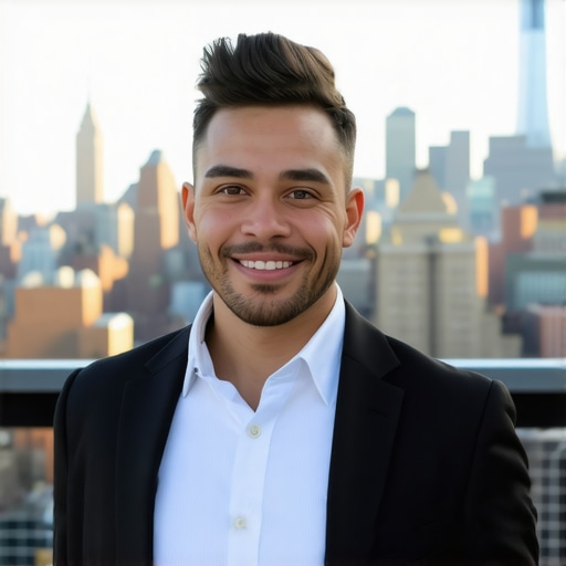 Small business owner optimizing Google profile in NYC, city skyline background.