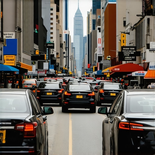 Bustling NYC neighborhood with local shops and digital marketing icons