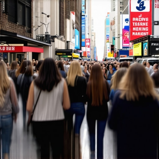 Vibrant NYC street featuring storefronts with digital marketing icons and signs