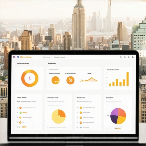 Laptop with analytics dashboards showing NYC local SEO metrics, surrounded by NYC-themed decor.