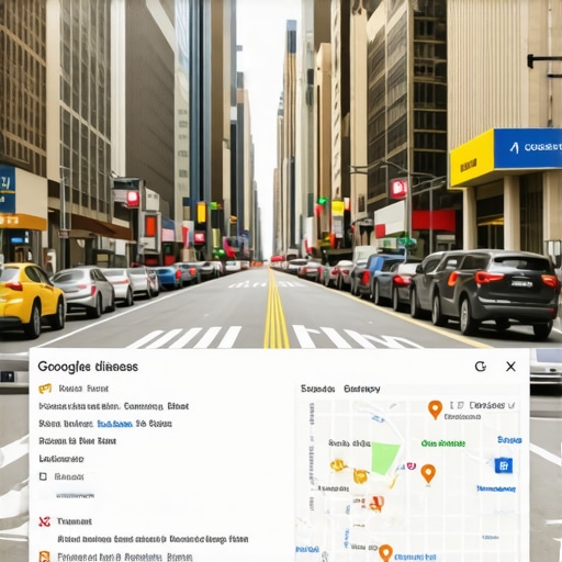 Colorful Manhattan street scene with Google Map interface highlighting local businesses.