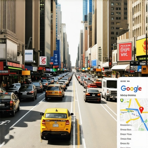 A bustling New York City street scene with a Google Maps overlay showing local business locations