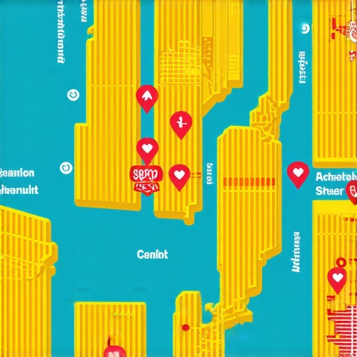 NYC map showing local businesses with SEO and ranking indicators