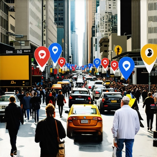 NYC Street with Digital Maps A busy New York City street with overlay of digital maps and local search icons