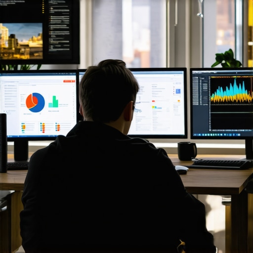 A person reviewing Manhattan local SEO analytics on multiple monitors in a modern office