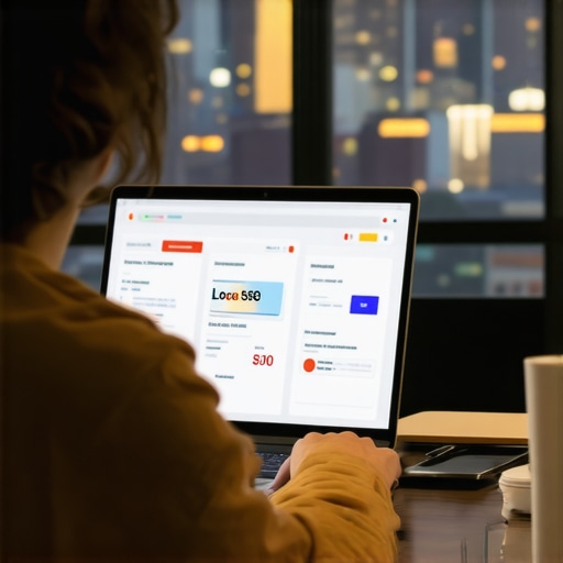 Person reviewing local SEO data on a laptop with NYC skyline view.