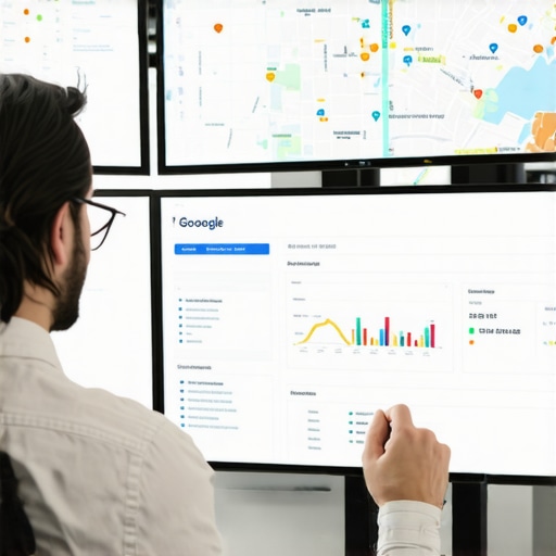 A professional reviewing Manhattan local SEO analytics on multiple monitors.