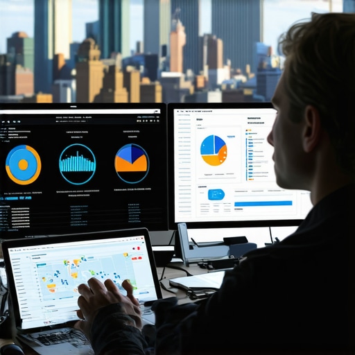 Digital Marketer Monitoring NYC Local SEO A digital marketer reviewing local SEO analytics on multiple monitors with NYC skyline in the background.