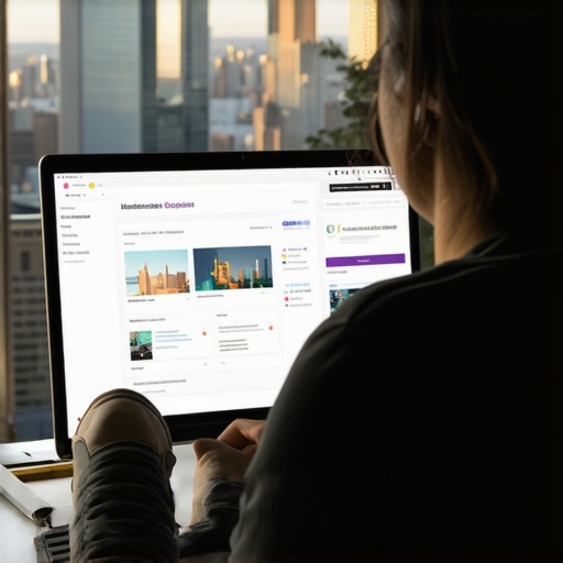 Person reviewing SEO metrics on a laptop with New York City skyline behind
