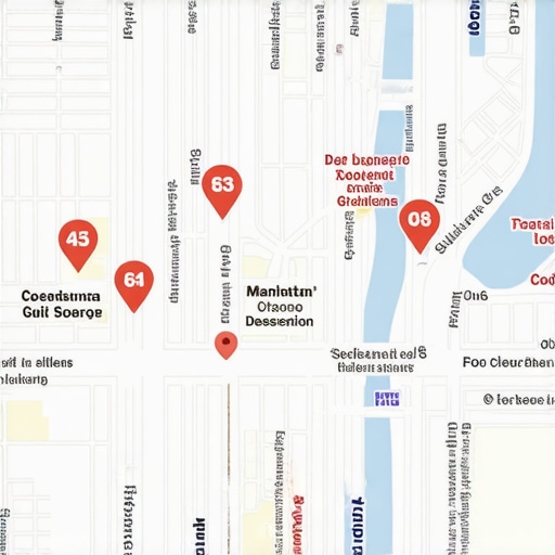 Map of Manhattan with highlighted local business locations and SEO icons.