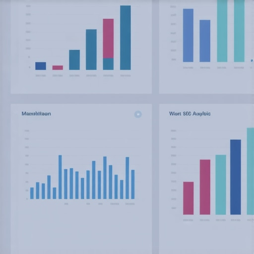 A dashboard showing SEO analytics for Manhattan in a cityscape background.