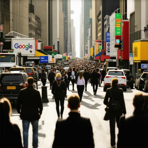 A vibrant Manhattan street scene with Google Maps icon highlighting local business locations