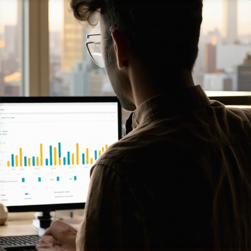 A person reviewing SEO analytics with Manhattan cityscape behind them.
