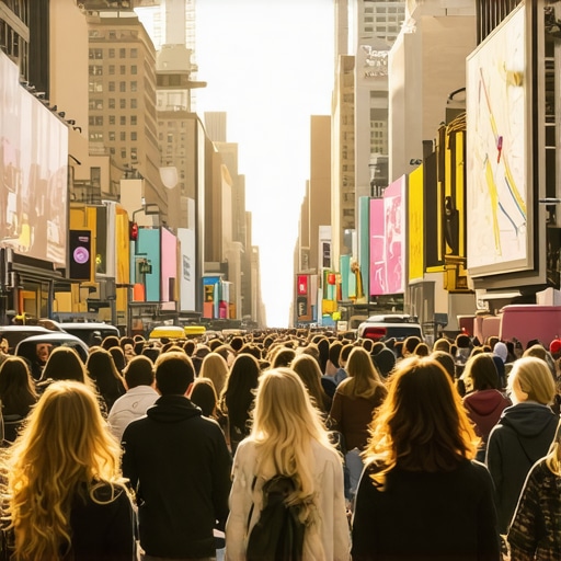 Busy Manhattan street with local stores and digital maps