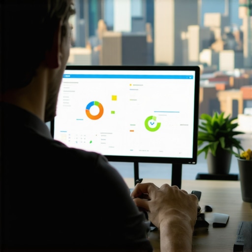 A marketer analyzing local search engine optimization metrics with Manhattan skyline