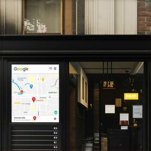 A busy Manhattan street scene with Google Maps showing local business rankings.