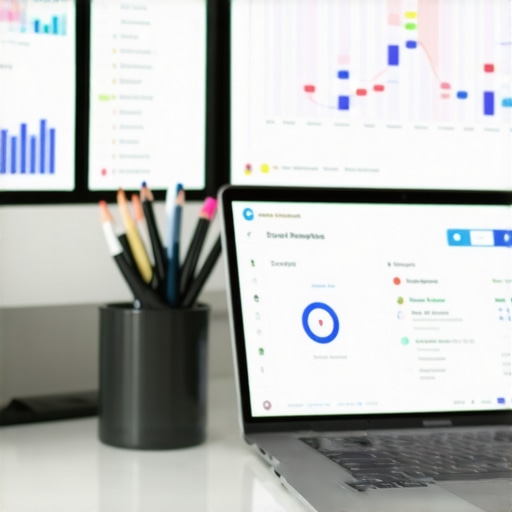 Workspace with SEO analytics dashboards open on monitor, representing local SEO management