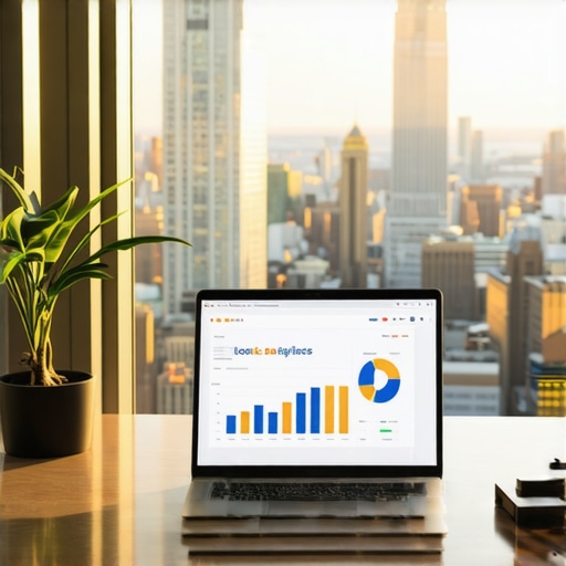 Desk with laptop showing local SEO graphs and NYC skyline in background.