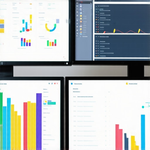 SEO analytics dashboard on computer screens in a contemporary Manhattan office
