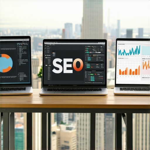 Person analyzing local SEO data on computer with NYC skyline in background