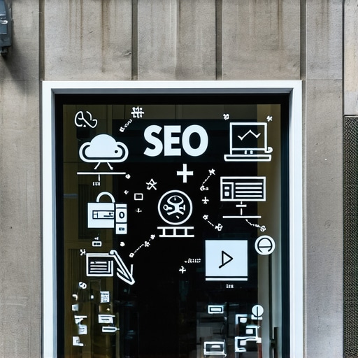 A vibrant Manhattan storefront in daytime with digital SEO icons overlayed