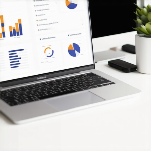 A person analyzing local SEO metrics on a laptop with NYC-inspired decor in the background.