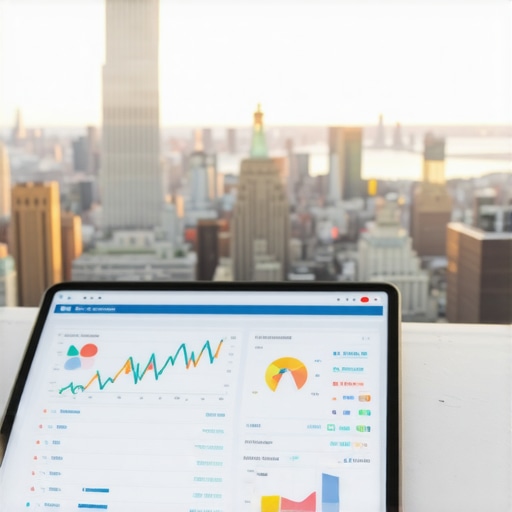 A person analyzing local SEO data on a tablet with Manhattan skyline visible