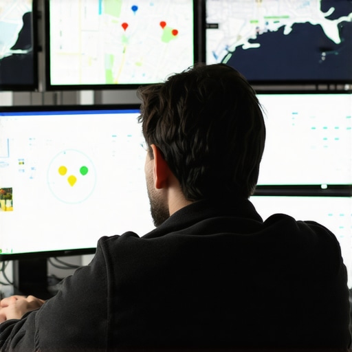 Person reviewing local SEO metrics on screens showing New York City maps and rankings