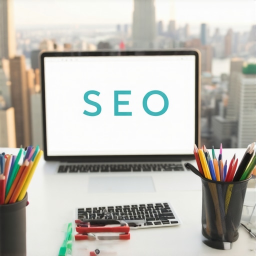 Screenshot of SEO dashboards and Manhattan skyline