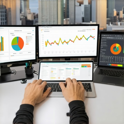 A person analyzing SEO data and maps on computer screens with NYC skyline view