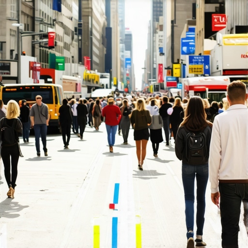 Crowded Manhattan street with digital map overlays highlighting local businesses