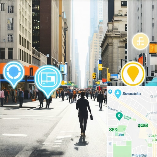 Digital map overlay on a busy NYC street scene showing local business storefronts