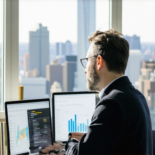 Person analyzing local SEO metrics on a computer with Manhattan skyline behind