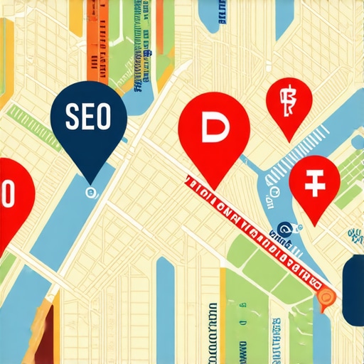 A detailed map of Manhattan with icons representing SEO signals like reviews, citations, and map rankings