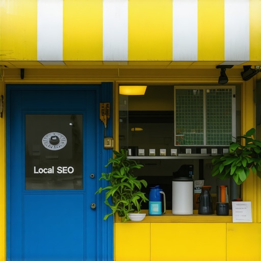 A busy NYC shop with digital signs showcasing local SEO concepts.