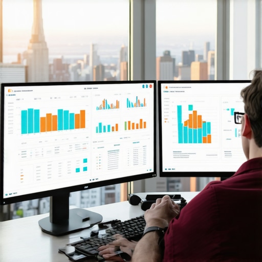 Person monitoring SEO performance on computers with Manhattan skyline view