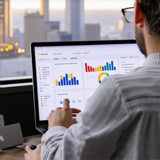 Person reviewing SEO analytics dashboard with Manhattan skyline behind