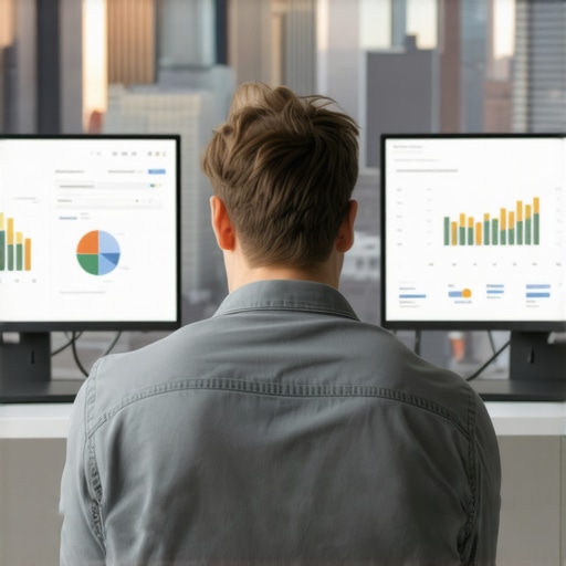 A person working on SEO data analytics with New York City skyline in the background.