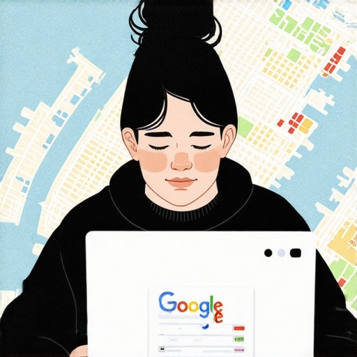 Business owner updating Google My Business profile on laptop with NYC map in background.